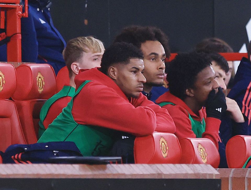 Marcus Rashford of Manchester United on the substitutes bench.