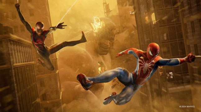 Spider-Man 2 Peter Parker and Miles Morales swinging through city during sandstorm as a giant Sandman chases them