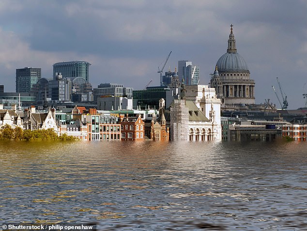 Huge swathes of London would be affected, with several areas on the River Thames gleaming red on the map, including Bermondsey, Greenwich, Battersea, and Chelsea. Pictured: artist's impression of London underwater