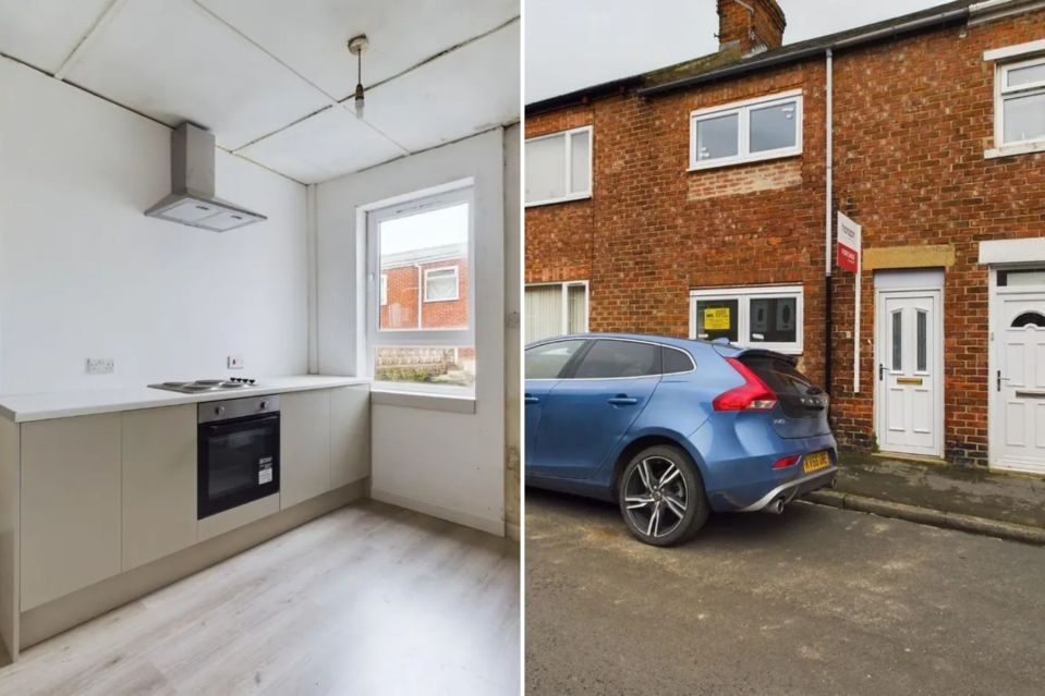 An image collage containing 2 images, Image 1 shows Kitchen with beige cabinets, oven, and stovetop, Image 2 shows Blue car parked in front of a brick terraced house