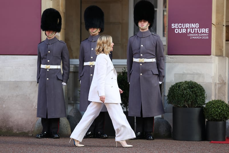 Italian prime minister Giorgia Meloni walks outside Lancaster House, London, as she arrives for a European leaders' summit on the situation in Ukraine earlier this month. Photograph: Toby Melville/PA Wire 