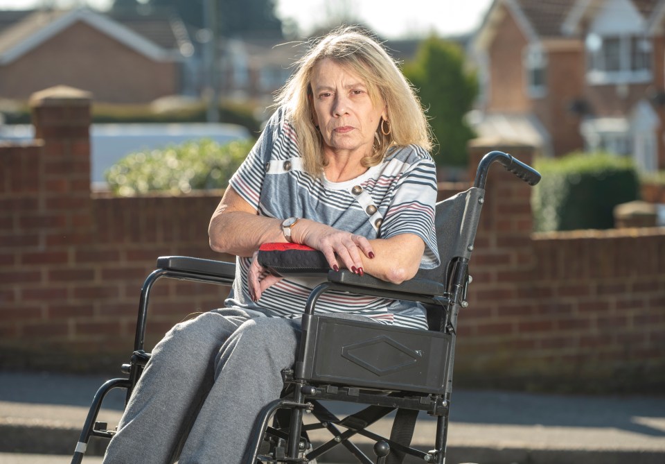 Woman in wheelchair outdoors.