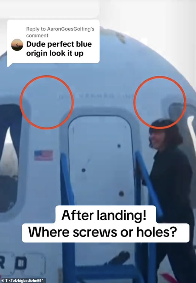A viral post on TikTok claims that a pair of bolts and a gold frame seen on the capsule before ht launch disappeared by the time New Shepard landed 11 minutes later