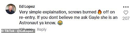 One commenter joked that the screws must have 'burned off' on re-entry