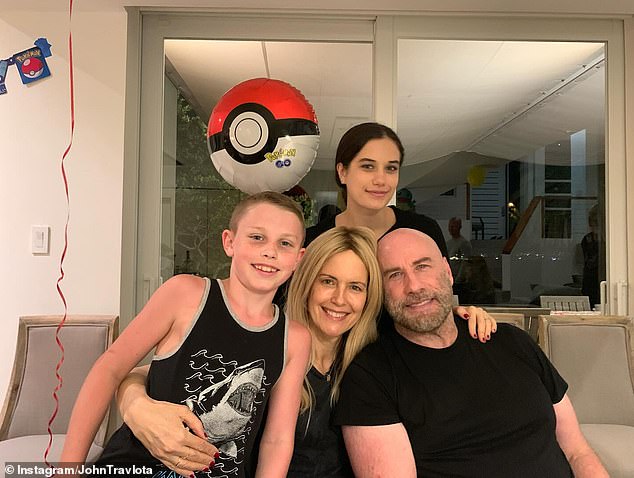 Travolta married Kelly Preston - the couple welcomed three children before her death in 2020 - including son Jet who died aged 16 in 2009 (pictured with daughter Ella and son Benjamin)
