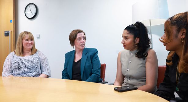 Vandana Bhogowoth, (second right), and her daughter Jaidamia James, right, met Jess Phillips at her office along with Mirror Editor Caroline Waterston