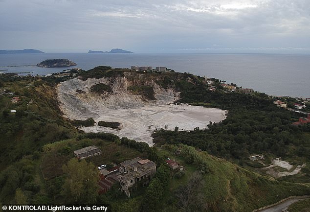 View of the Solfatara crater, part of the Campi Flegrei Volcano in Pozzuoli, the biggest caldera of southern Italy, Campania region