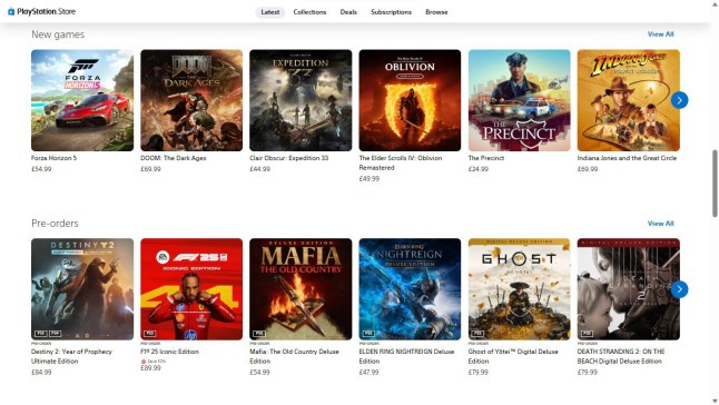 PlayStation Store showing several games available to buy