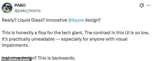Commenters pointed out that the Liquid Glass display was especially hard to read for users with visual impairments