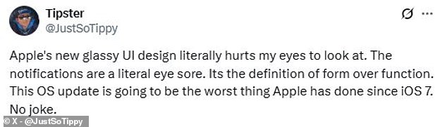 Another commenter complained that the Liquid Glass design 'literally hurts my eyes to look at'