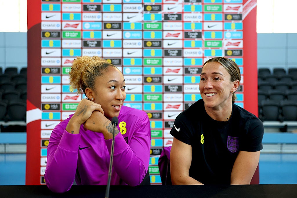 Lauren James and Lucy Bronze at England’s media day
