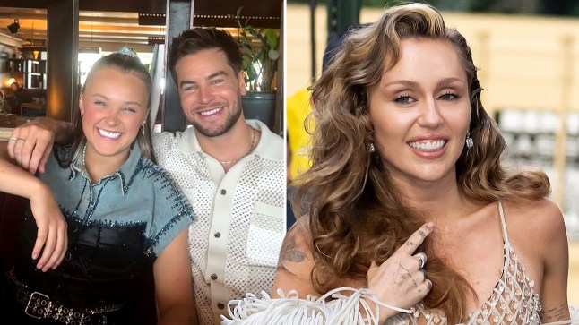 Compilation picture showing JoJo Siwa with Chris Hughes, smiling, and Miley Cyrus (R)