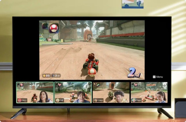 People using GameChat to play Mario Kart World on the Switch 2