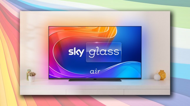Sky Glass Air TV with a multicoloured background