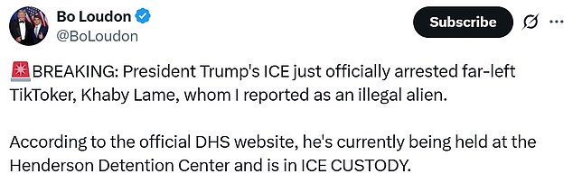 Conservative influencer Bo Loudon claimed to have reported Lame on June 6 and posted an alleged screenshot from the ICE website stating he was at Henderson Detention Center in Nevada (Lame's name does not currently appear in the ICE detainee database)