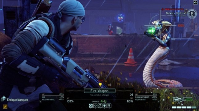 XCOM 2 human soldier with gun facing a snake like alien that's aiming its gun