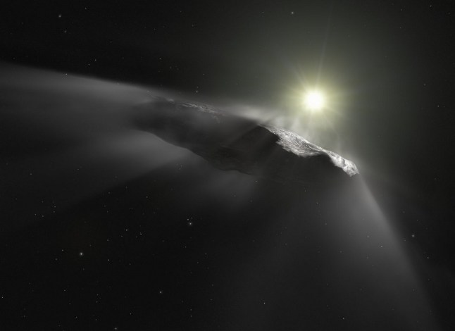 Artist???s impression shows the first interstellar object discovered in the Solar System, `Oumuamua. A mysterious object the size of Manhattan from outside our solar system has been spotted. Astronomers have confirmed the discovery of the rare interstellar visitor???only the third ever detected???currently hurtling through our Solar System at extraordinary speed. The object, now officially designated 3I/Atlas (previously known as A11pl3Z), is believed to have originated from a distant star system and is travelling at over 60 kilometres per second. Described as likely the largest interstellar visitor yet observed, 3I/Atlas appears to be a comet, with astronomers noting a faint tail and a