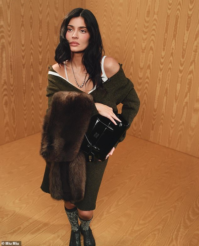 In one image for the latest Miu Miu campaign, the TV personality donned a dark green knit cardigan as well as a matching skirt