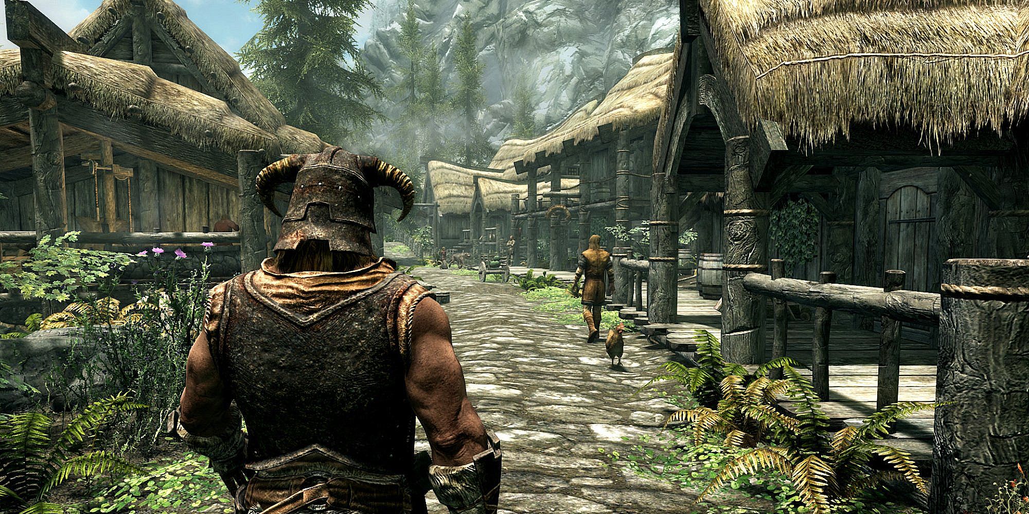 The Dragonborn walks through the village of Riverwood in Skyrim