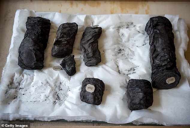 The Herculaneum scrolls were discovered in ruins near Pompeii - astonishingly fragile carbonized scrolls preserved in the wake of the volcano's eruption in 76AD