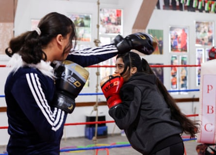 Palestinian girl boxers trade jabs and punches during training at the first women’s boxing centre in Gaza City, 17 January 