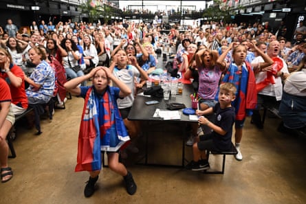 England fans react as they watch the Fifa Women’s World Cup semi-final match against Australia at Boxpark Wembley, 16 August 