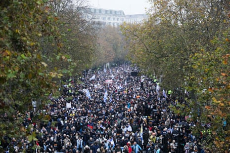 Protestors march against antisemitism in London, 26 November. The war between Israel and Hamas has sparked a wave of protests across Europe and heightened concerns over antisemitism among Jewish communities 