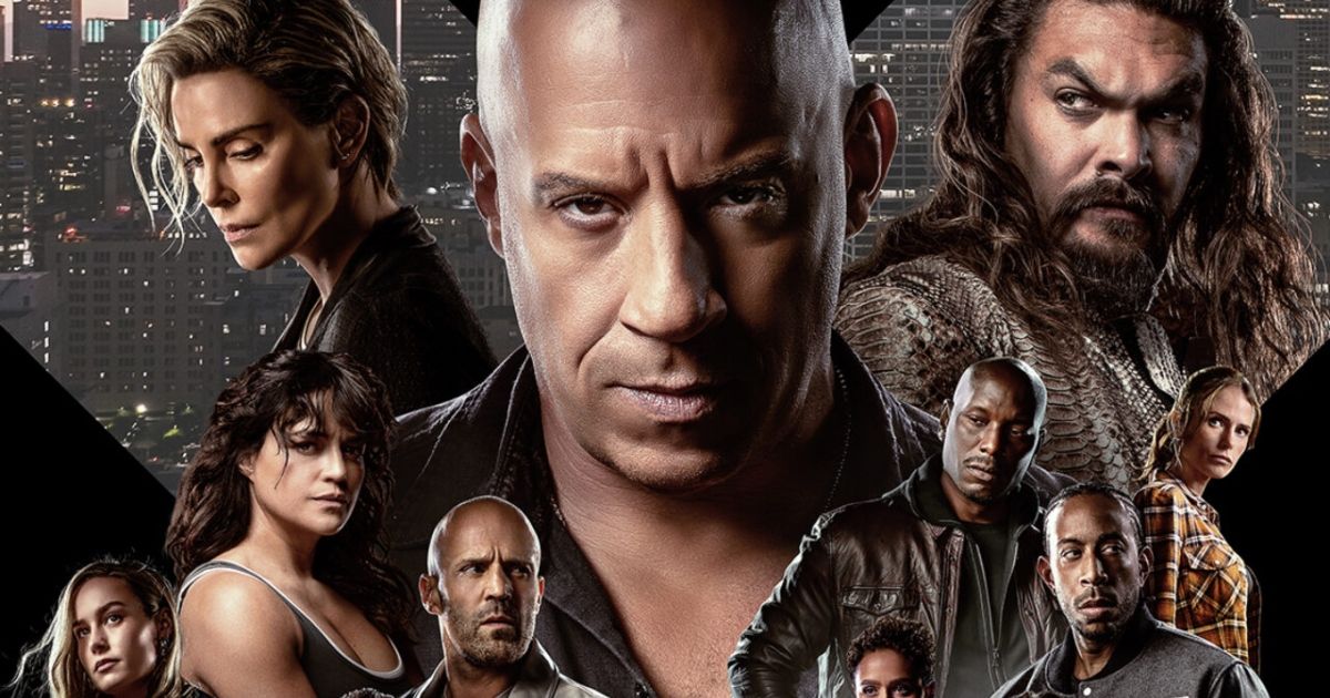 Fast X poster featureing vin Diesel, Jason Momoa and Charlize Theron