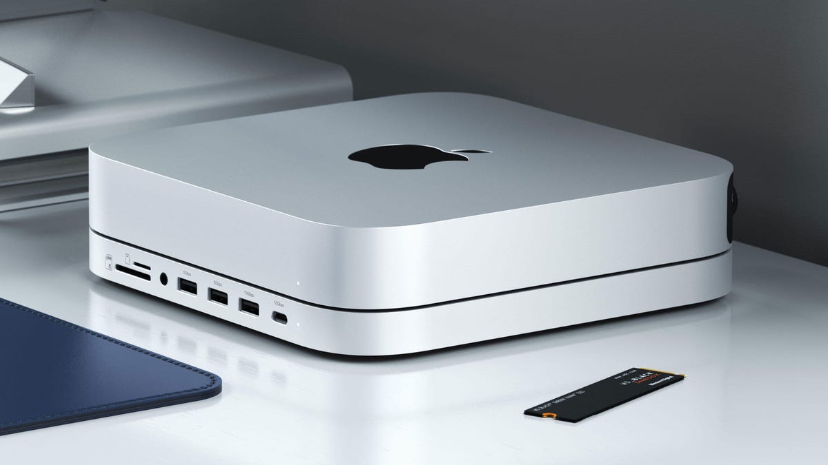 The Satechi Stand & Hub, a slim port expander and SSD enclosure, underneath a Mac Mini