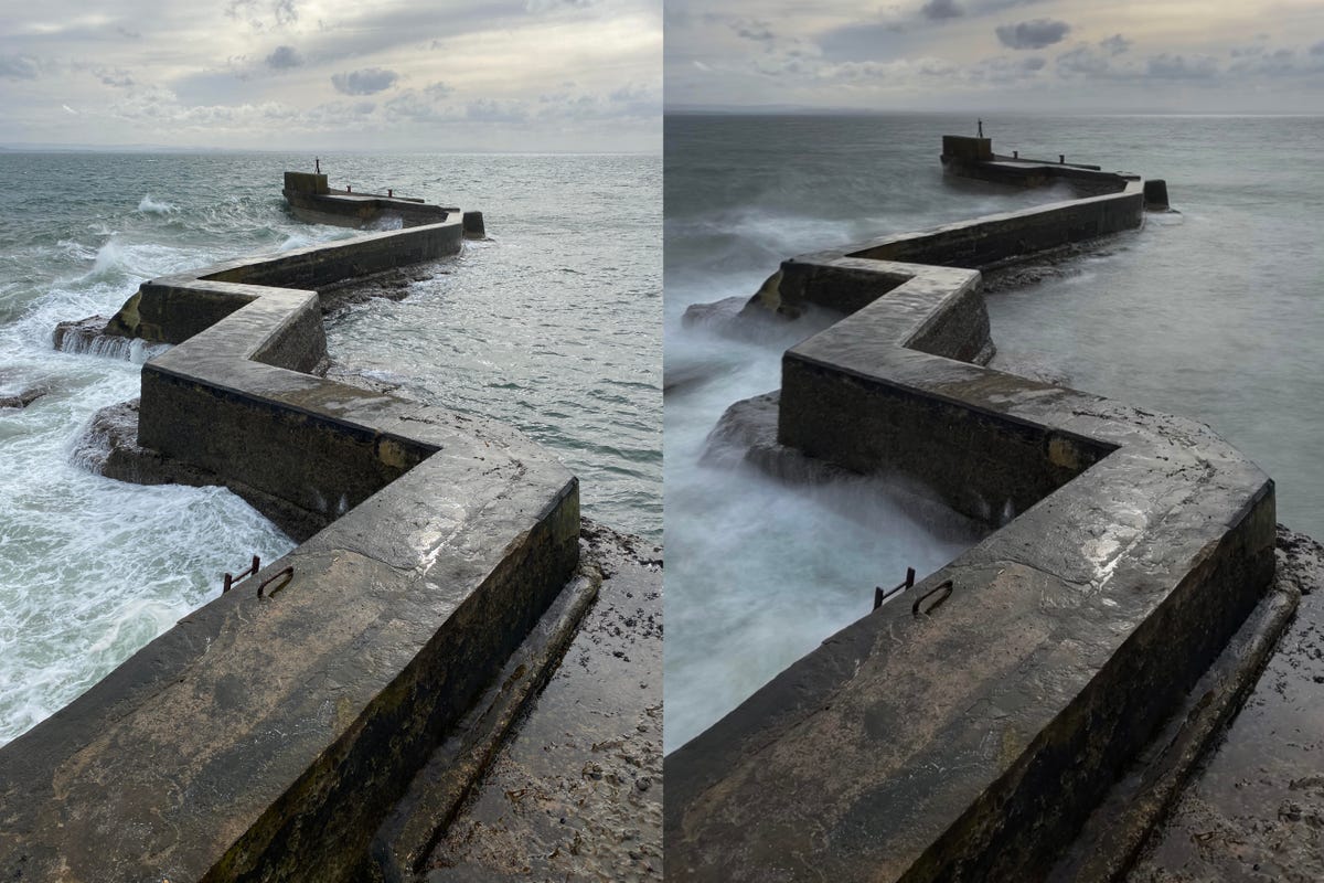 A comparison image of a sea jetty with and without the long exposure effect