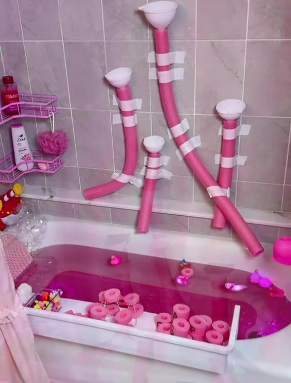 The mum of one created a bath time full of fun using cheap pool noodles for her daughter to fill with water