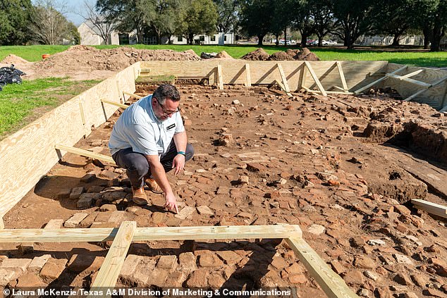 Failor (pictured) explained that the brick floor (pictured) tells the story about two buildings, with the first being an early store house that was later transformed into a two-story building in 1854