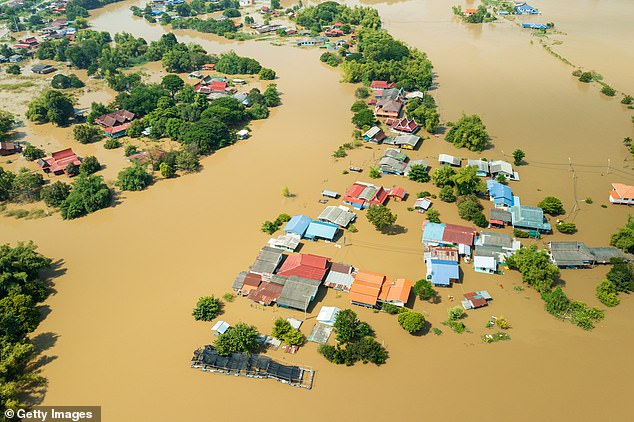 Rising sea levels can cause disastrous flooding, forcing authorities to spend millions on flood defences and even force people to flee their homes. Pictured, flooding in Thailand
