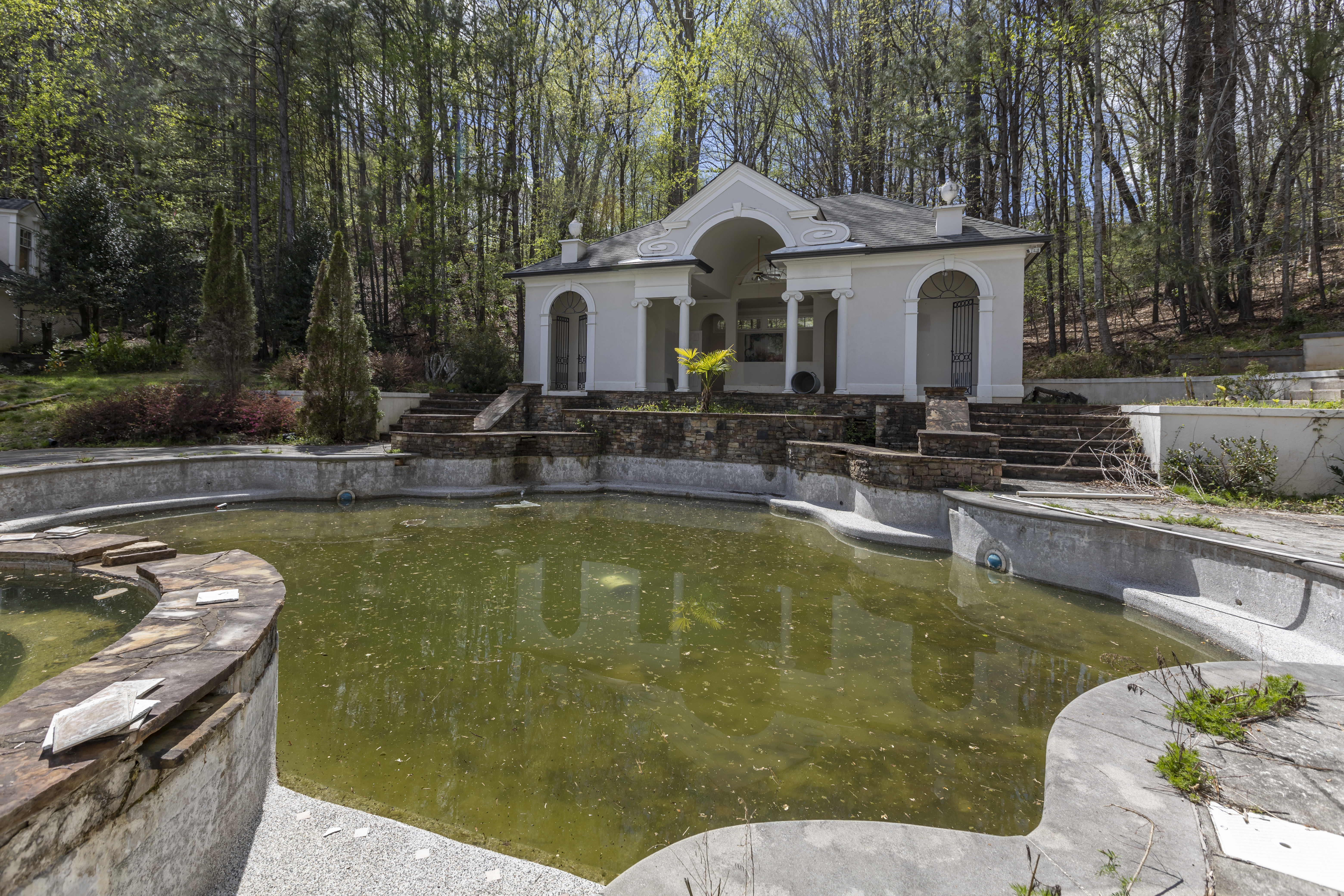 The pool in the £2million mansion has turned a murky green colour