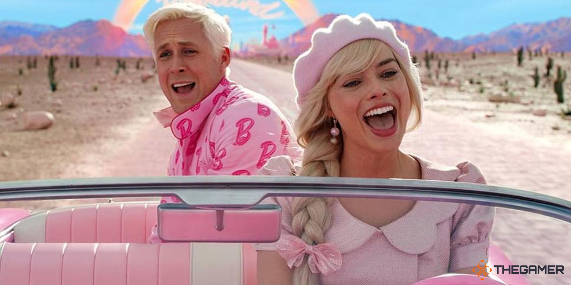 barbie and ken together in a car from the barbie movie