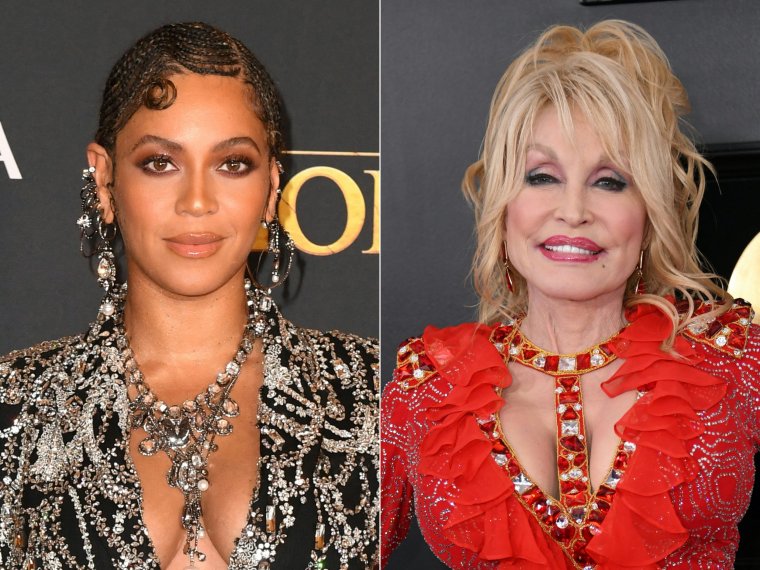 (COMBO) This combination of pictures created on March 28, 2024 shows US singer/songwriter Beyonce at the Dolby theatre on July 9, 2019 in Hollywood and US singer-songwriter Dolly Parton on February 10, 2019, in Los Angeles. Beyonce's new country album features a long-rumored cover of Dolly Parton's beloved "Jolene," as well as a number of country legend plugs including Willie Nelson. "Cowboy Carter" -- the honkified second act of Queen Bey's "Renaissance" trilogy -- is out in parts of the world where it's already Friday, and will continue its global drop as the clock strikes midnight. (Photo by Robyn Beck and VALERIE MACON / AFP) (Photo by ROBYN BECKVALERIE MACON/AFP via Getty Images)