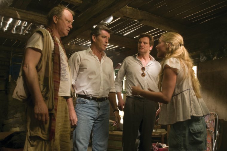 FILM... Mamma Mia! (2008); from left: Stellan Skarsg pictured as Bill Austin, with Pierce Brosnan as Sam Carmichael, Colin Firth as Harry Bright and Amanda Seyfried as Sophie Sheridan in a scene from the film adapted from the stage musical based around the songs of Abba.