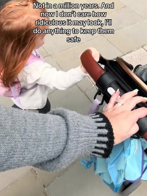 She showed her daughter's rein attached to her pram as she said she'll do "anything" to keep her children safe
