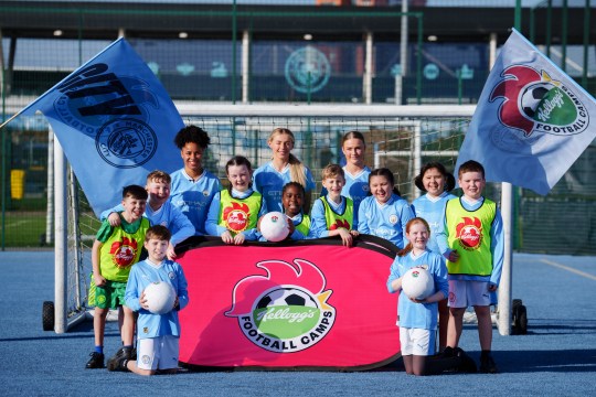 Demi and Manchester City met with young fans to launch Kellogg's Football Camps (Picture: Jon Super)