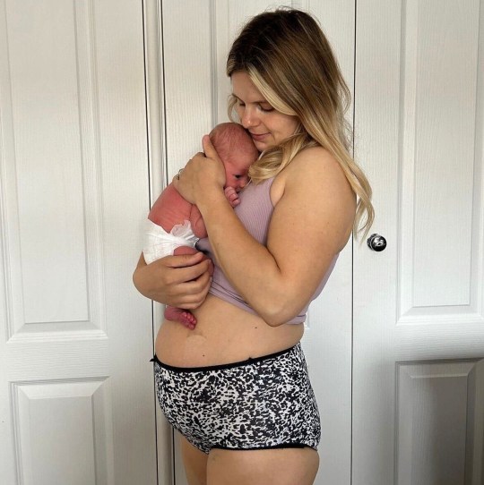 Mari post C section with her son Archibald, being comfortable in her own skin