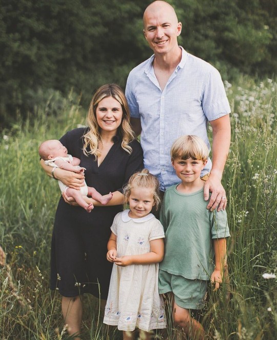 Mari with her husband Brett, 43, and their children Arthur (right), Florence (middle) and Archibald (left) 