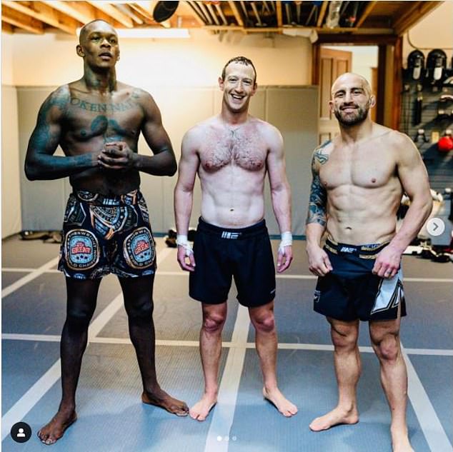 Mark Zuckerberg (middle) trained with UFC champions Israel Adesanya (left) & Alex Volkanovski (right)