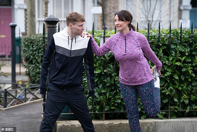 The two soap stars play Honey Mitchell and Jay Brown on the BBC soap, who run the marathon in memory of Lola Mitchell (pictured on soap)