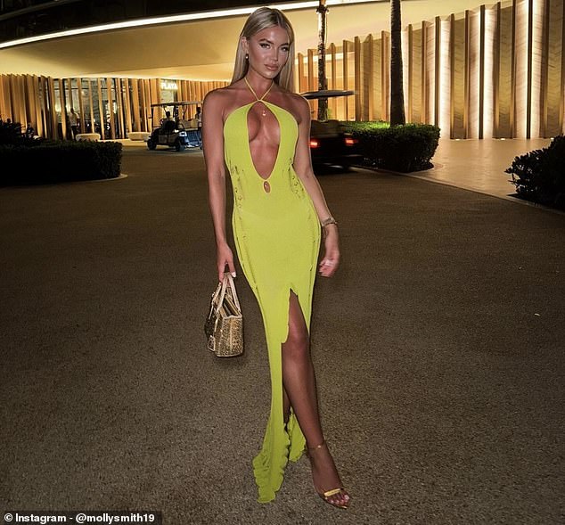Molly Smith, 29, stunned in a lime green dress in throwback shots from her trip to Dubai with boyfriend her Tom Clare, 24, which she shared to Instagram on Friday