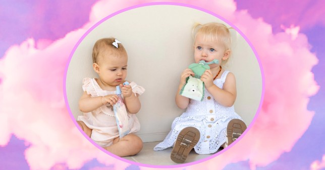 Image of two toddlers, using Cherub Baby Food Pouches