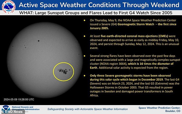 The emergency alert read: 'NOAA's Space Weather Prediction Center (SWPC)- a division of the National Weather Service - is monitoring the sun following a series of solar flares and coronal mass ejections that began on May 8'. Sunspots and flares spotted by scientists are seen here