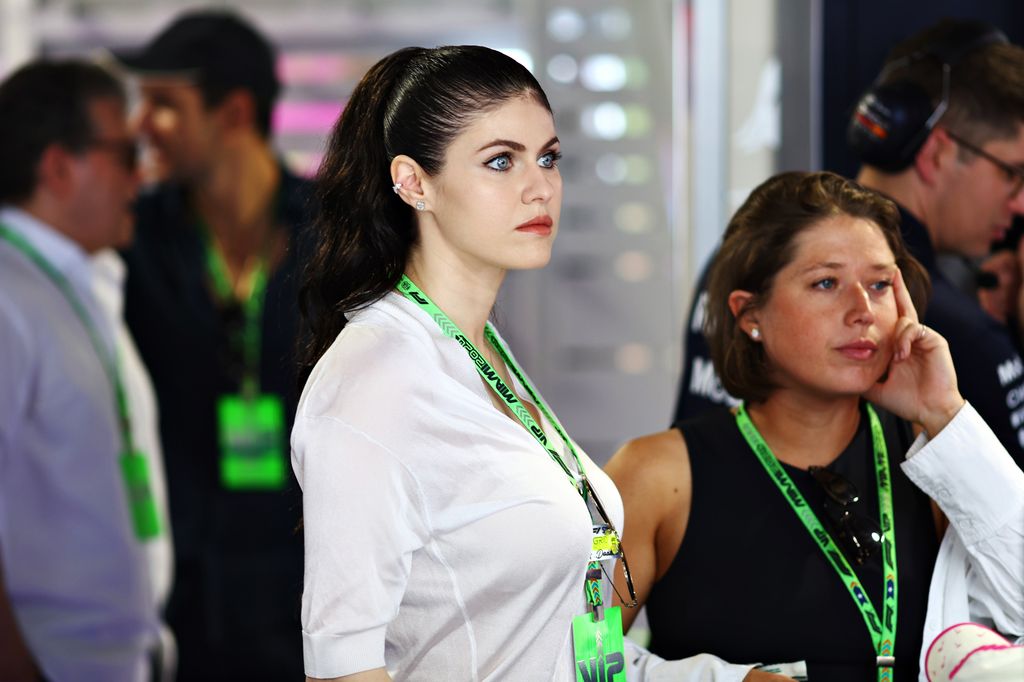Alexandra Daddario looks on from the Oracle Red Bull Racing garage during the Sprint ahead of the F1 Grand Prix of Miami