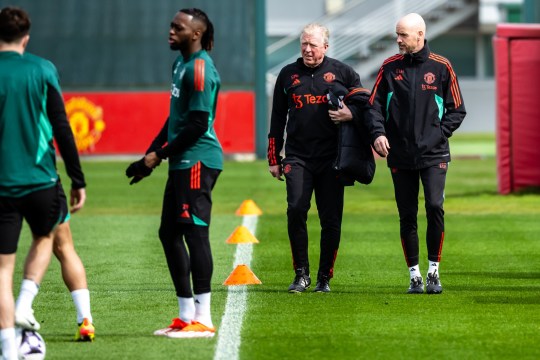 Manager Erik ten Hag and Coach Steve McClaren of Manchester United in action during a first team training session at Carrington Training Ground