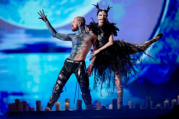 Bambie Thug of Ireland performs the song Doomsday Blue during the first semi-final at the Eurovision Song Contest in Malmo, Sweden, Tuesday, May 7, 2024. (AP Photo/Martin Meissner)