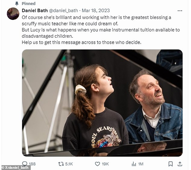 Lucy's piano teacher humbly branded himself a 'scruffy music teacher' in an X post alongside this picture of him beaming. The music activist aims to champion neurodivergent musicians